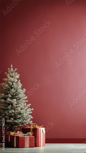Festive Christmas Tree Decorated With Ornaments and Gifts in a Cozy Red Room.