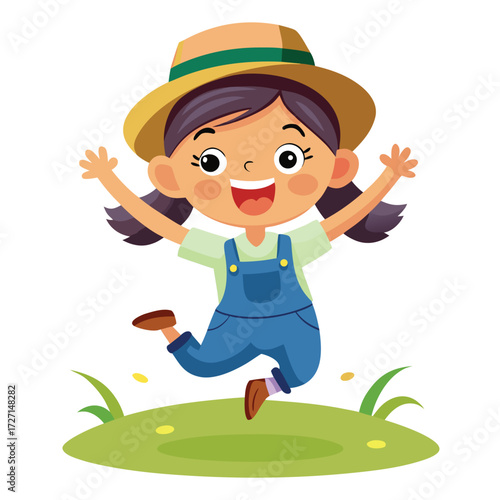 A cheerful cartoon girl wearing blue overalls and a straw hat leaps with joy. She's depicted mid-air on a patch of green grass, arms outstretched, embodying pure delight and energy.
