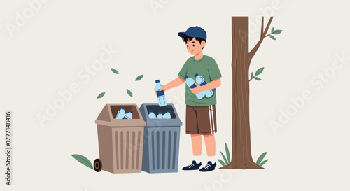 Flat vector illustration of a boy recycling plastic bottles into a trash can, wearing green t-shirt, shorts, and cap with light gray background and tree beside him