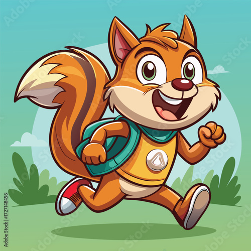 A cheerful cartoon squirrel with big eyes and a bushy tail is depicted running enthusiastically. The character wears a backpack and a blue scarf, ideal for playful and educational children's media.