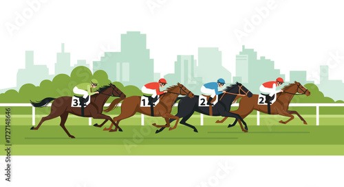 Flat vector illustration of horse racing with jockeys on a grass track, vibrant colors, grandstand, green lawn, and blue sky on a sunny day