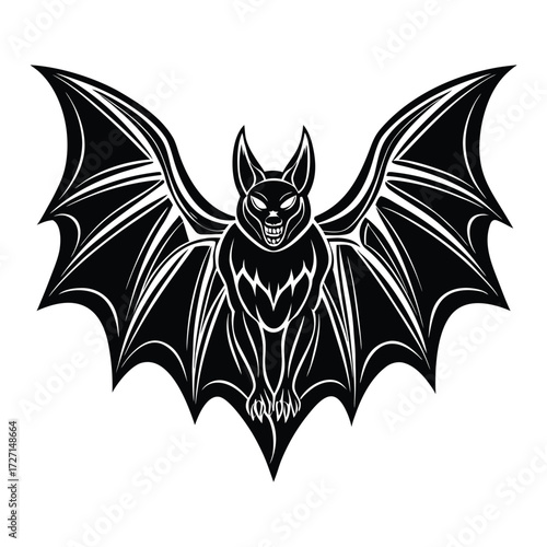 Creepy Bat Silhouette with Wings Outspread - Halloween Vector Design on White Background