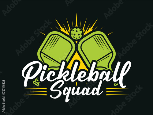 Pickleball Squad Logo with Paddles and Ball Vector Illustration