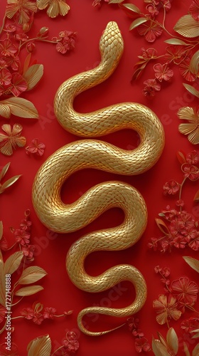 Golden Snake Entwined Among Decorative Flowers on Vibrant Red Backdrop
