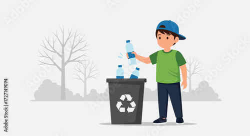 Flat vector illustration of a boy recycling plastic bottles into a trash can, wearing green t-shirt, shorts, and cap with light gray background and tree beside him
