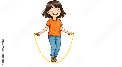 A cartoon girl with brown hair and an orange shirt is jumping rope with a yellow rope happily