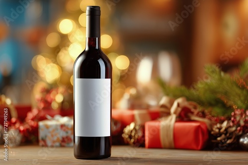 Festive Wine Bottle Displayed With Holiday Decor in Warm, Cozy Setting Near C...