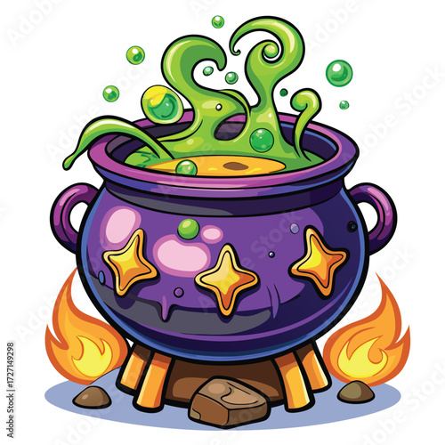 A vibrant and playful depiction of a witch's cauldron, filled with bubbling green potion. The cauldron sits over a fire, adorned with glowing stars, perfect for Halloween themes.
