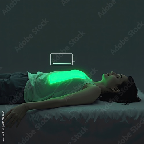 Person lying on bed with glowing battery outline, symbolizing low energy level