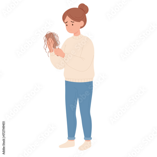 Hair loss woman with comb full of hair illustration. female alopecia stress concept. sad girl checking brush