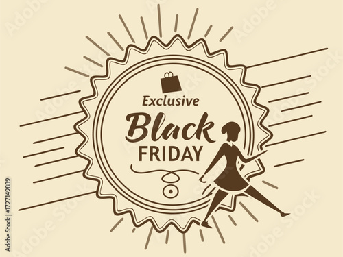 Stylish Black Friday sale design promotes exclusive deals, featuring a chic shopper, perfect for advertising, marketing, and seasonal promotions online