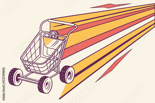 Stylish shopping cart with retro speed lines radiates forward momentum for retail promotions and e-commerce ventures, a bold visual for modern shopping