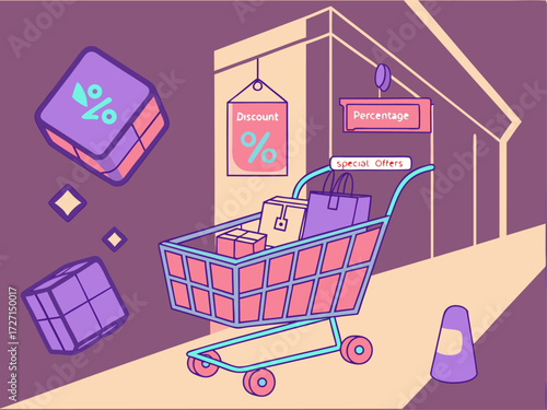 Grab fantastic deals with this shopping cart full of special offers and discounts, perfect for highlighting retail promotions and enticing seasonal sales