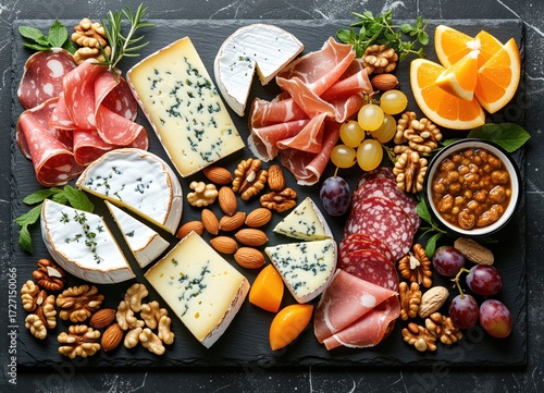 Wallpaper Mural Assorted gourmet cheese and charcuterie platter with fruits and nuts on a slate board Torontodigital.ca