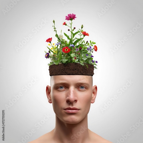 A man with flowers growing from his head isolated on white background