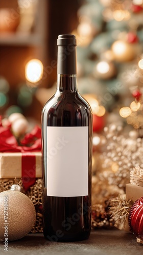 Elegant Red Wine Bottle Beside Festive Gifts and Decorations for a Cozy Holid...