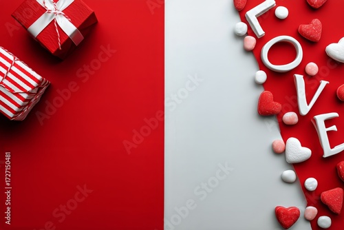 Decorative Gifts and Hearts Arranged Creatively for a Love-Themed Celebration.