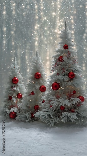 Festive White Christmas Trees With Red Ornaments in a Snowy Winter Scene