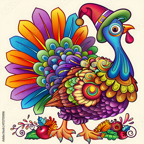 Cartoon turkey with festive decorations. Thanksgiving Day vector illustration