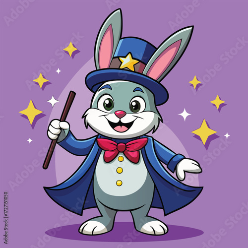 A charming cartoon bunny magician stands ready to perform a spell, complete with a top hat, bowtie, and a sparkling wand. This playful character evokes wonder and enchantment for all ages.