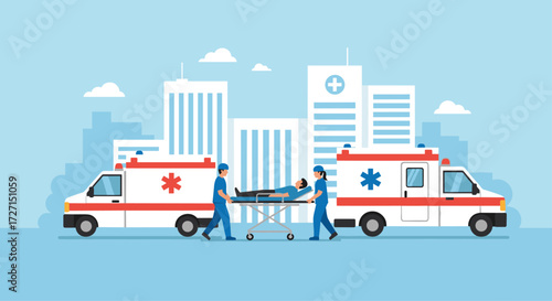 Flat vector illustration of ambulance paramedics in blue uniforms carrying elderly man on gurney outside hospital with modern buildings and blue sky background
