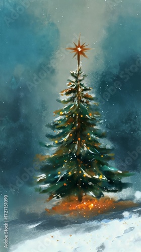 Festive Christmas Tree Shines Brightly Under Winter Night Sky