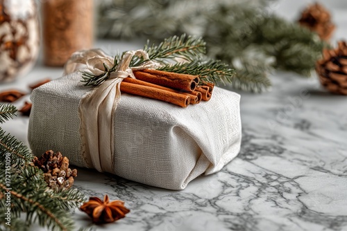 Rustic Gift Wrapped in Natural Fabric With Cinnamon Sticks and Pine Greenery ...