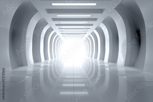 Minimal 3D scene featuring a luminous circular gateway fading into a soft white void, representing purity, advancement, and digital transcendence.