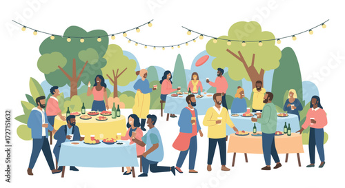 Flat vector illustration of a festive outdoor garden party with people, hanging lights, drinks, and greenery in a relaxed atmosphere