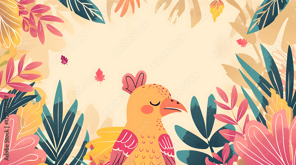 Naklejka premium Cute bird and tropical leaves background. Vector illustration in flat style