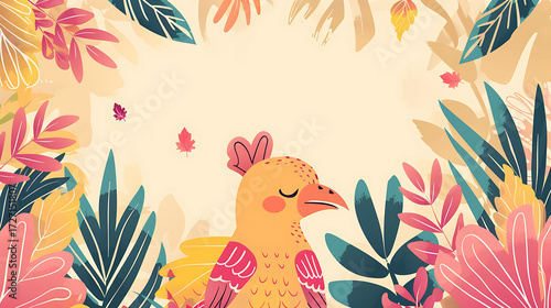 Cute bird and tropical leaves background. Vector illustration in flat style