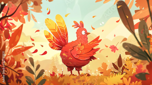 Cute cartoon chicken in autumn forest. Colorful vector illustration.