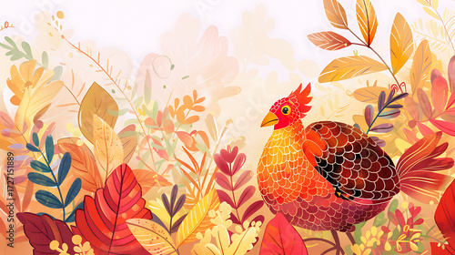 Autumn background with rooster and leaves. Vector Illustration.