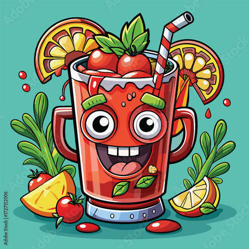 A cheerful cartoon juice glass character filled with delicious red juice and topped with fresh fruits and herbs. Garnished with orange slices and sprigs of greens, it's a fun and refreshing visual.