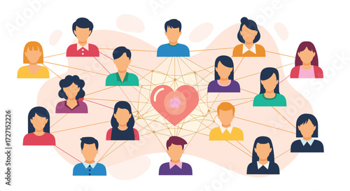 Illustration of a social network with a heart in the center representing love and connection.