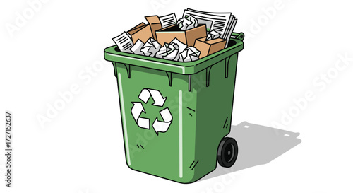 Flat vector illustration of a green recycling bin filled with paper and cardboard, eco-friendly waste container with recycle symbol on white background