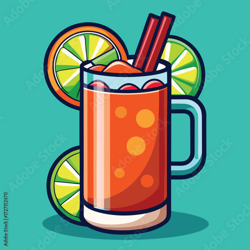 A tall glass filled with a vibrant red beverage adorned with ice, orange and lime slices, and cinnamon sticks. Perfect for seasonal celebrations and cozy gatherings.
