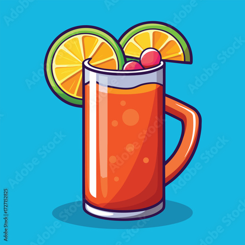 Enjoy the vibrant taste of this delicious orange beverage. Served in a tall glass with a handle garnished with lime and cherry, it's the ideal refreshment for any occasion.