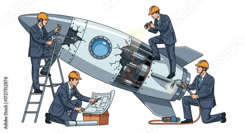 Flat vector illustration of business people in suits and helmets repairing a broken rocket, teamwork and problem-solving concept on white background