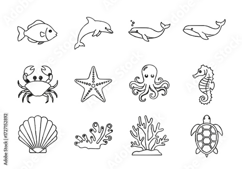 Marine animals including fish, dolphins, whales, crabs, starfish, octopuses, seahorses, shells, seaweed, and turtles swim in ocean waters viewed from above.