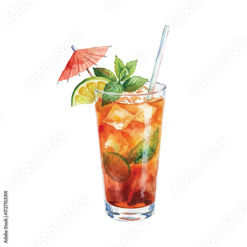 Watercolor Vector of Mai Tai Cocktail with Umbrella and Mint on White Background