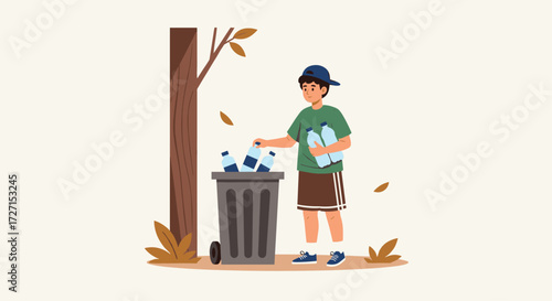 Flat vector illustration of a boy recycling plastic bottles into a trash can, wearing green t-shirt, shorts, and cap with light gray background and tree beside him