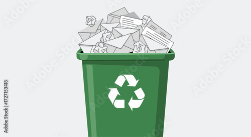 Flat vector illustration of a green recycling bin filled with paper and cardboard, eco-friendly waste container with recycle symbol on white background