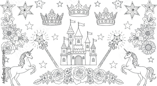 Vector art of fantasy illustration of a castle, unicorns, crowns, magic wands, and flowers