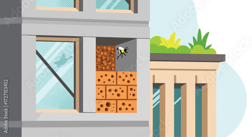 Urban insect hotel integrated into building facade provides habitat for pollinators.