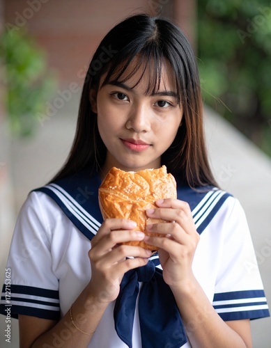 A girl wearing a sailor uniform eating a koppepan (Japanese bread roll)
