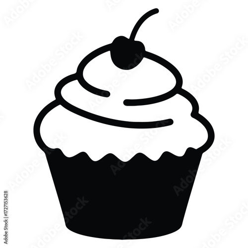 Simple cupcake icon with cherry black and white vector illustration