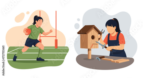 Woman playing rugby and building a birdhouse hobby illustration.
