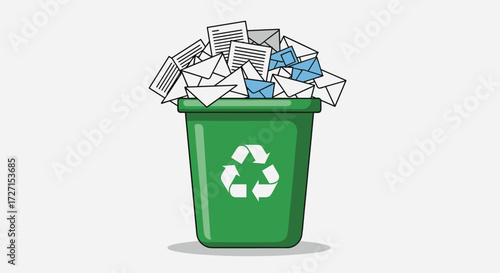 Flat vector illustration of a green recycling bin filled with paper and cardboard, eco-friendly waste container with recycle symbol on white background