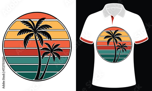 Retro sunset beach palm trees tropical vacation vibes vibrant colors circular design summer beach scene